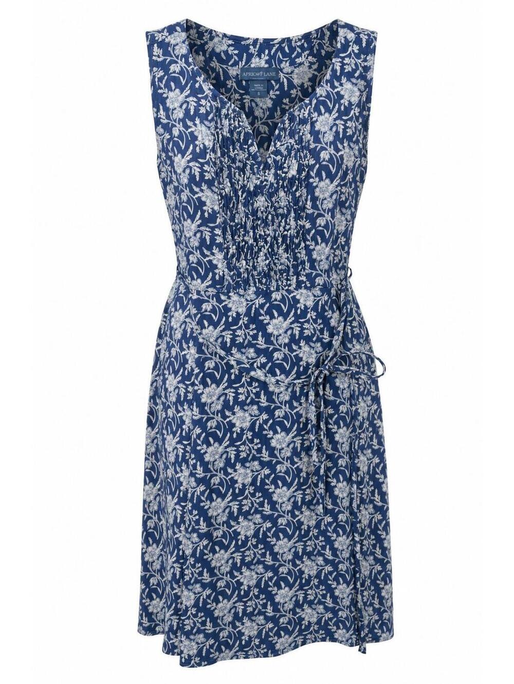 April Cornell Blue White Floral Smocked A-Line Dress XS Sleeveless Coastal Beach